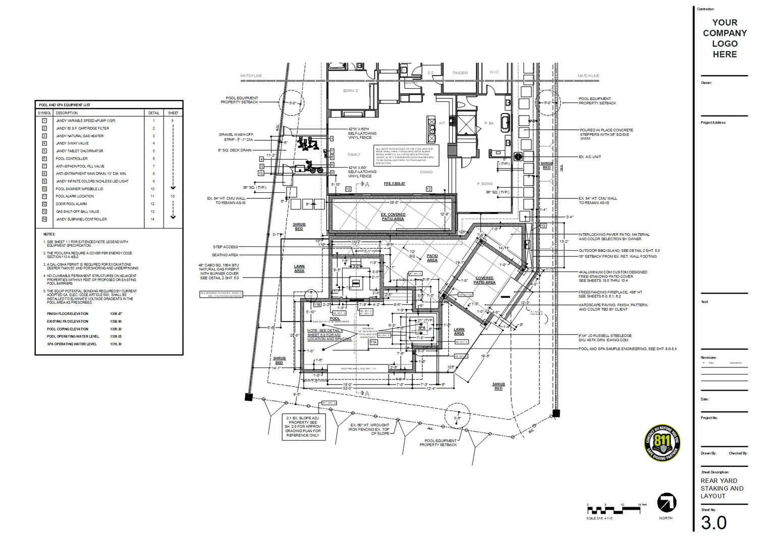Rear yard staking and layout plan with equipment list
