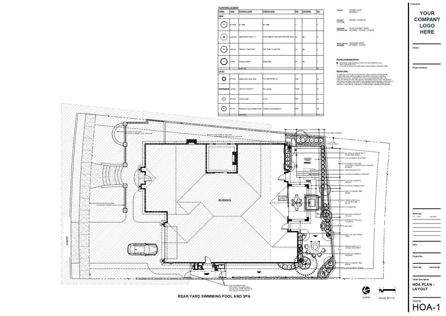 HOA plan: rear yard pool, spa, firepit and planting layout with plant legend and project scope