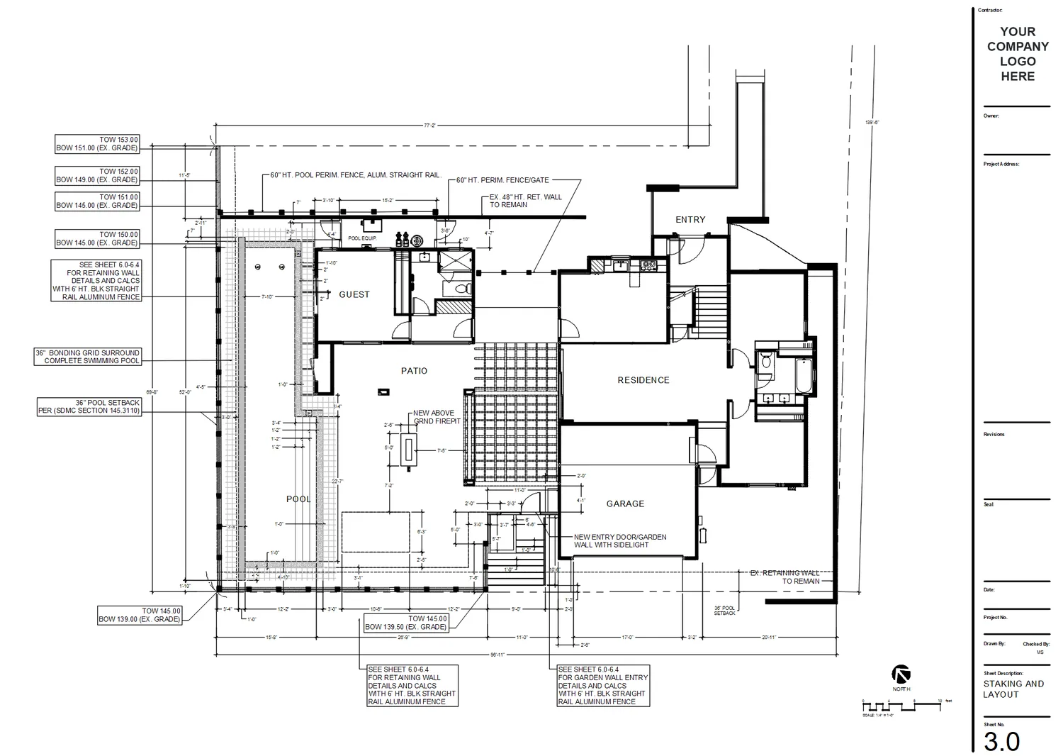 Pool layout plan with dimensions, wall elevations and fence callouts around the residence